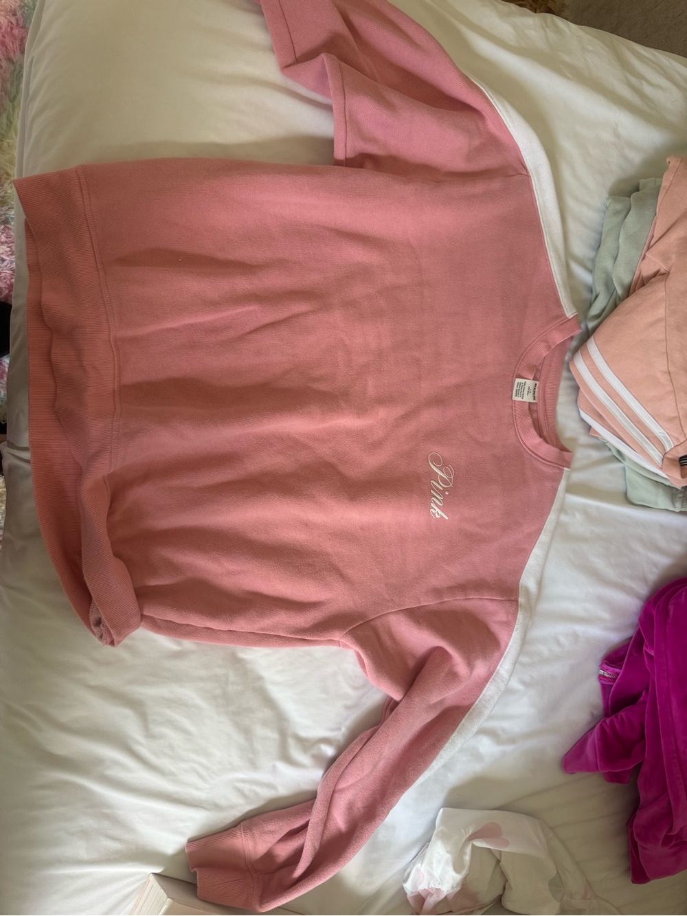 PINK Victoria's Secret Pink Crewneck Sweatshirt with White Shoulder Stripes
